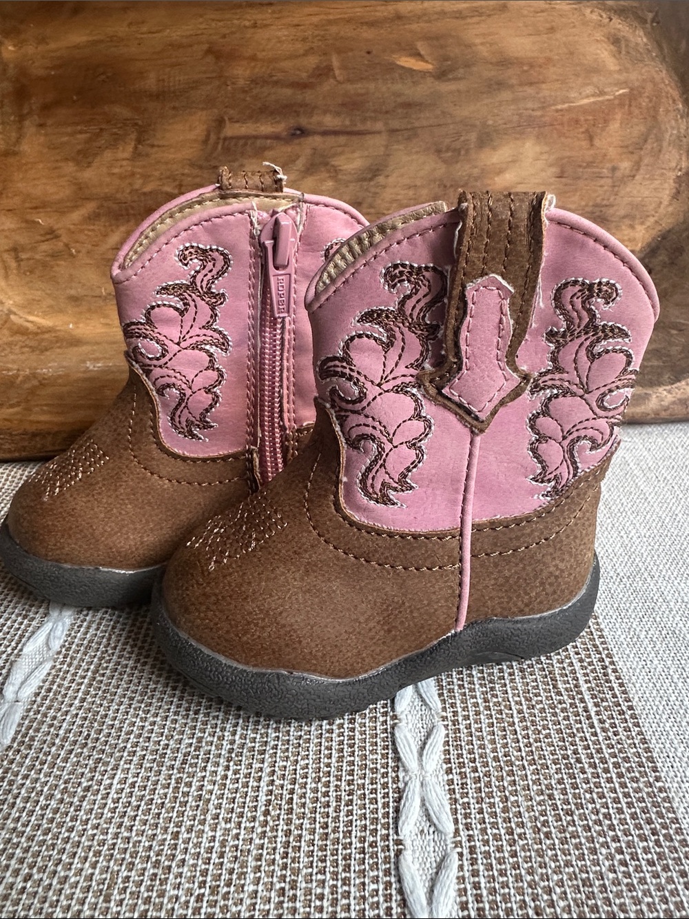Roper Cowbabies Gretchen Infant Girls Western Cowboy Boots Size 2 Brown Pink Zip